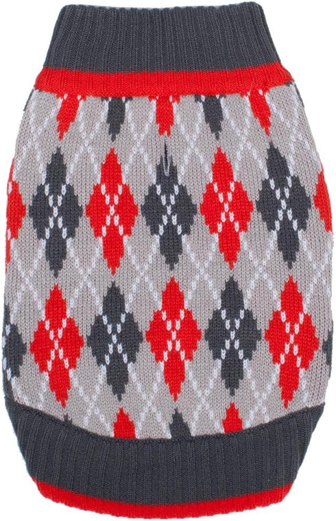 Blueberry Pet Chic Argyle Dog Sweater, Charcoal and Scarlet Red, Back Length 12", Pack of 1