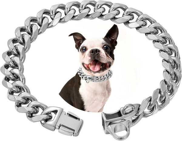 18K Cuban Link Chain Dog Collar, Stainless Steel Silver Gold with Safety Buckle Lock, Heavy Duty for Small, Medium,