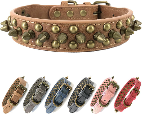 Spiked Studded Dog Collar, Bronze Round Stud Anti-Bite Collar (Brown, S)