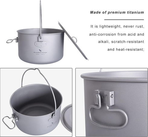 Outdoor 750ml - 2900ml Titanium Pot with Lid, Folding Bail Handle Camping Hiking Picnic Set