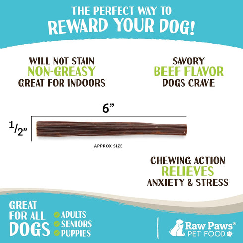 Raw Paws Beef Gullet Sticks for Dogs, 6-inch, 10-ct, Free-Range Cows, Beef Esophagus Treats