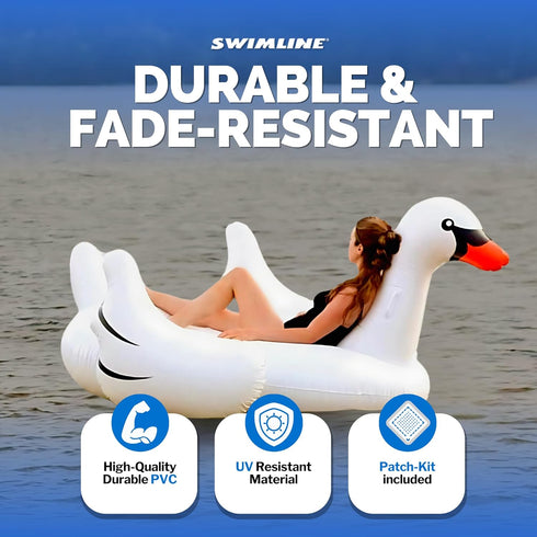 SWIMLINE 90621 Summer Swimming ORIGINAL Giant Inflatable Swan Pool Float Floatie Ride-On Lounge W/ Stable Legs Wings