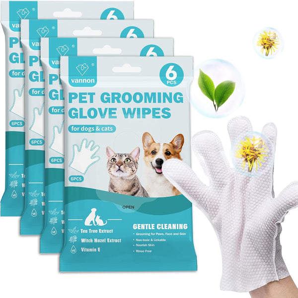 Vannon Extra Thick Pet Bathing Wipes for Dogs & Cats, Cleaning & Deodorizing, 4 Pack, 24 PCS