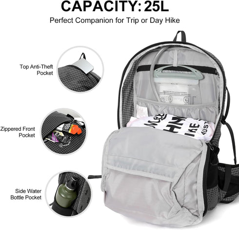 Hydration Backpack, 25L Hiking Backpack with 3L Water Bladder and Rain Cover, Lightweight for Hiking, Cycling