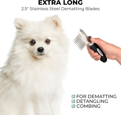 Poodle Pet Dematting Fur Rake Comb Brush Tool - Dog and Cat Comb with Long 2.5 Inches Steel Safety Blades (Black)