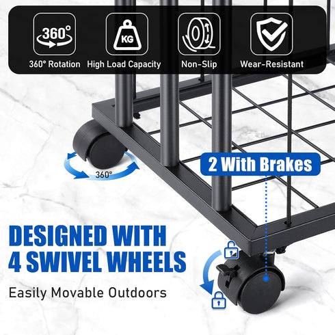 TOBWOLF Large Garage Ball Storage Rack with Wheels, Sports Equipment Organizer Rolling Ball Storage Cart, Freestanding