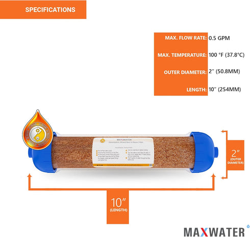 Max Water Mixed Bed Ion Exchange RODI Aquarium Filter Resin Replacement Cartridge - Compatible with 10" System