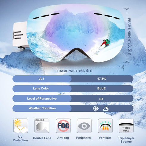 FONHCOO Ski Goggles for Men Women, Anti-Fog OTG Snowboard Glasses with Detachable Lens for Skiing Skating