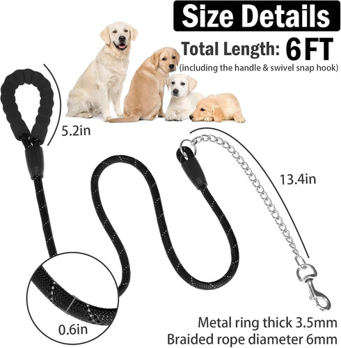 HOMIMP Chew Proof Dog Leash for Medium Large Dogs, Reflective 6 FT Heavy Duty Metal Chain Dog Leashes with Soft Padded Handle, Anti Bite Durable Rope Leashes for Pitbull, Non Chewable
