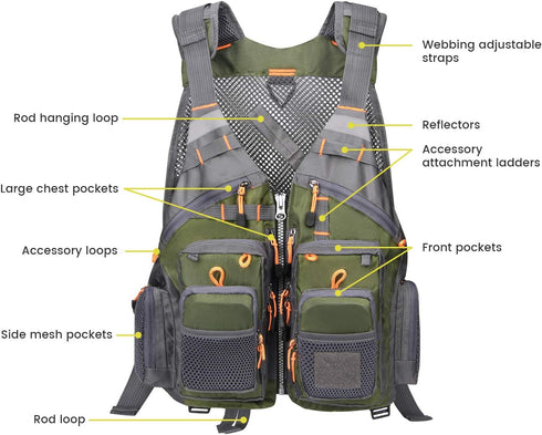 Gonex Fly Fishing Vest for Men Women, Adjustable Comfortable Fishing Vest with Multi-Pockets Reflective Stripes