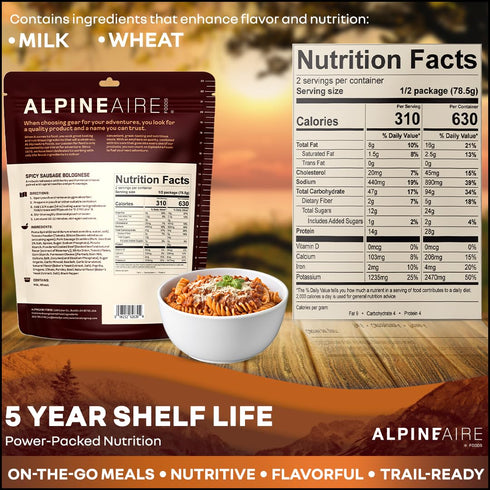 ALPINEAIRE 5.53 Oz 2 630 28g Backpacking 5 Pack 1 Foods Spicy Sausage Bolognese Premium Ready-to-Eat Freeze-Dried Meal