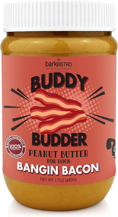 BUDDY BUDDER Bangin Bacon Peanut Butter, 100% Natural, 17oz - Dog Treat, Pill Pocket Made in USA