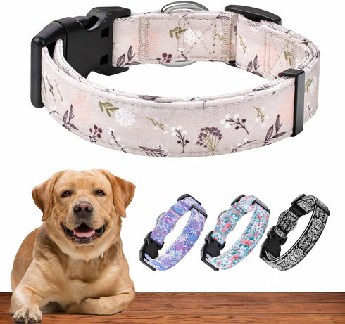 Adjustable Dog Collar for Medium & Large Dogs with Flowers Cotton Padded Pattern, Strong and Durable