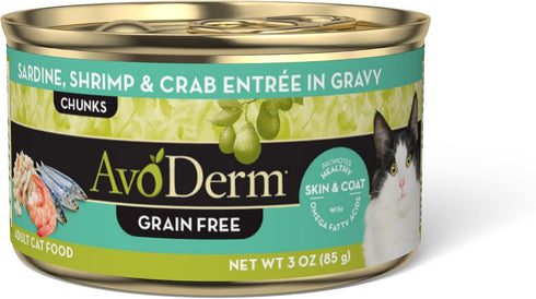 Avoderm Natural Grain Free Sardine, Shrimp & Crab Entree in Gravy Canned Wet Cat Food, 3-Ounce Cans, Case Of 24