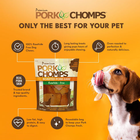 10 Count Pork Chomps Roasted Pork Skin Dog Chews, Ear Shapes