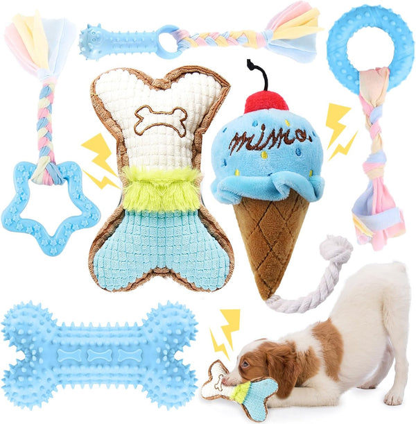 6 Pack Puppy Teething Toys, Blue Small Breed Chew Toys with Rope, Plush Squeaky Set for Interactive Pet Play