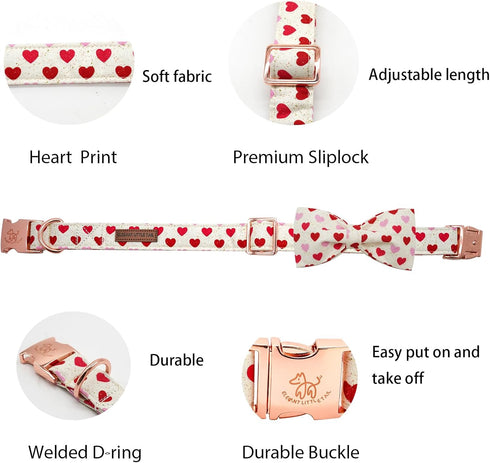Elegant little tail Valentine's Day Dog Collar, Valentine's Day Dog Collar with Bow, Heart Dog Collar Cute Girl or Boy Dog Collar Bowtie Pet Gift Adjustable Dog Collar for Large Dogs