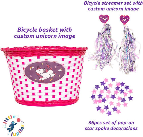 Little Jupiter Unicorn Bike Basket with Streamers & 36pc Star Spoke Decoration Set for Girls