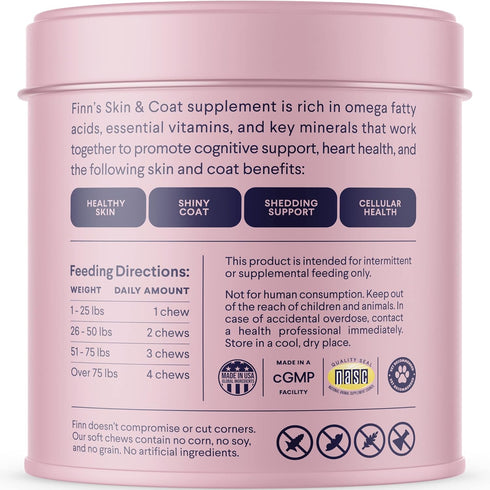 Finn Skin & Coat Salmon Oil Supplement for Dogs, 90 Soft Chews with Omega-3s, EPA & DHA, Biotin & Zinc