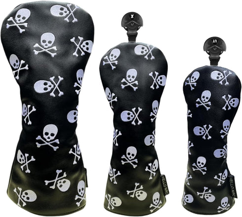 Golf Club Headcover for 3 Wood, Hybrid, Skulls Embroidery, Premium Leather, Magnetic Closure
