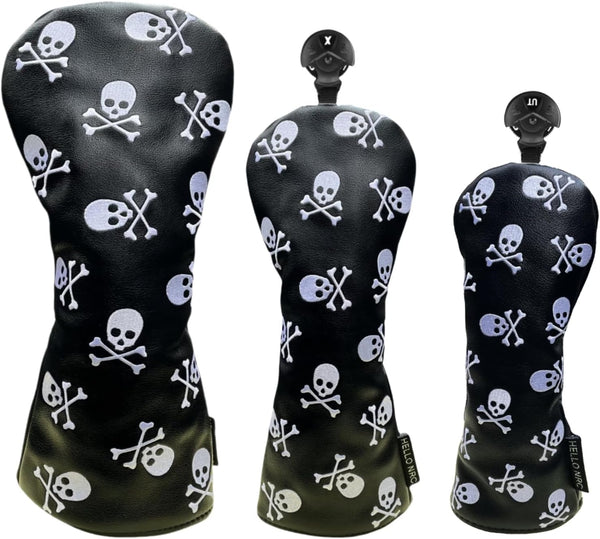 Golf Club Headcover for 3 Wood, Hybrid, Skulls Embroidery, Premium Leather, Magnetic Closure