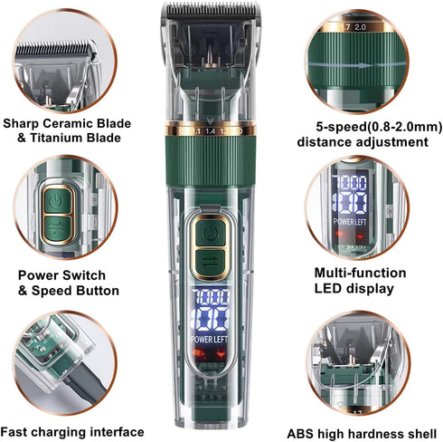 Dog Hair Clippers, Dog Grooming Clippers Kit with LED Display, Low Noise Heavy Duty Pet Hair Shaver Trimmers (Green)