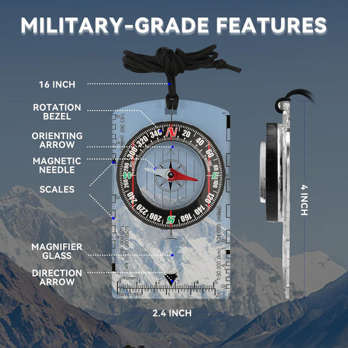 Set Backpacking Compass Hiking Survival, Wilderness Survival Compass for Kids- Magnetic Gear Navigation Map- Camping