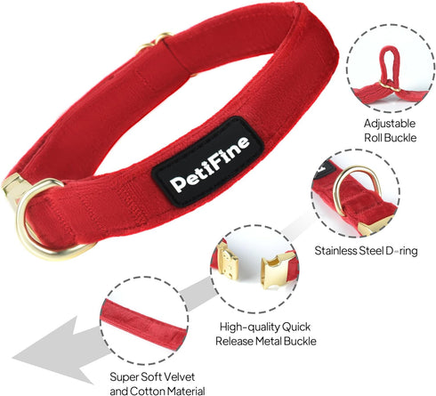 PetiFine Dog Collar and Leash Set, Adjustable Red Velvet Collar, Super Soft with Metal Buckle for Small Medium Large