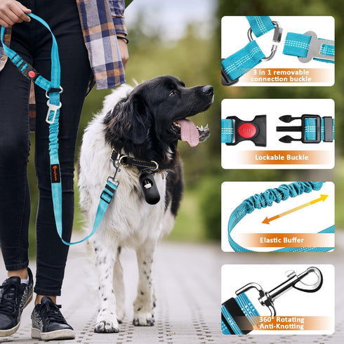 Removable Dog Seat Belt Harness for Car, 3 in 1 Pet Dog Car Seatbelt Leash with Adjustable Reflective Bungee Tether