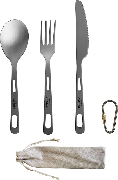Titanium Utensils Set, Ultra-light Spoon Fork Knife with Carabiner for Camping and Travel