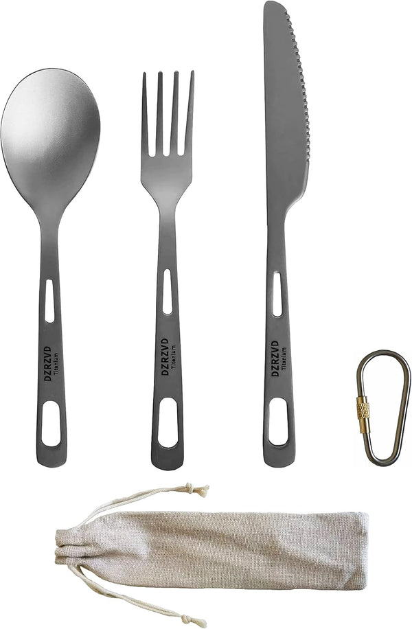 Titanium Utensils Set, Ultra-light Spoon Fork Knife with Carabiner for Camping and Travel