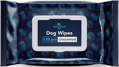 NOVEHA Dog Wipes, Odor Eliminating Grooming Wipes for Paws, Body, and Butt - 120 Counts, Plant-Based