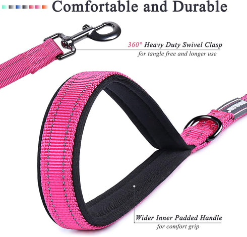 VIVAGLORY Traffic Handle Dog Leashes, Two Padded Soft Handles Strong Dog Leash, Reflective & Metal Hook Training Dog Lead, Pink