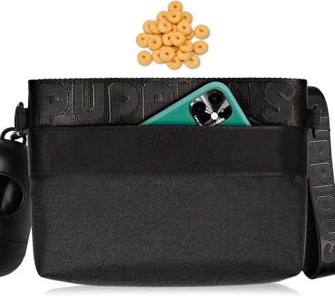 Dog Treat Pouch - Black, 3 Pockets, Waist/Shoulder Wear, Eco-Friendly Material, Poop Bag Dispenser
