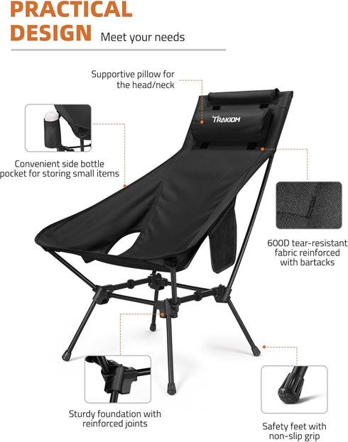 Trakiom High Back Folding Camping Chair, Widened Seat & Lightweight Black Portable Chair with Stable Design, Adjustable