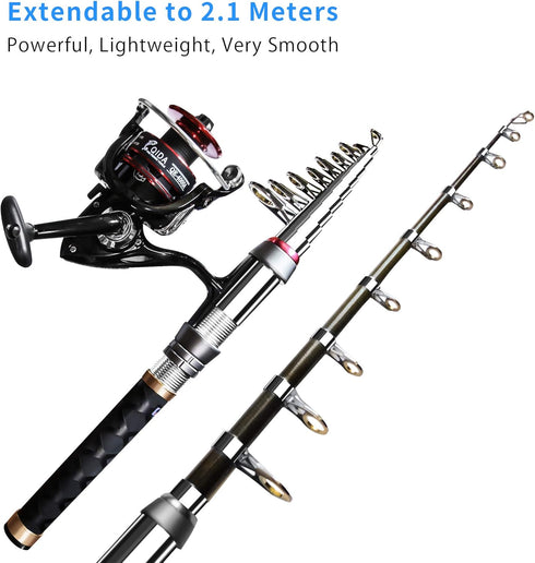 Fishing Pole Kit, Carbon Fiber Telescopic Fishing Rod and Reel Combo with Spinning Reel, Line, Bionic Bait, Hooks,
