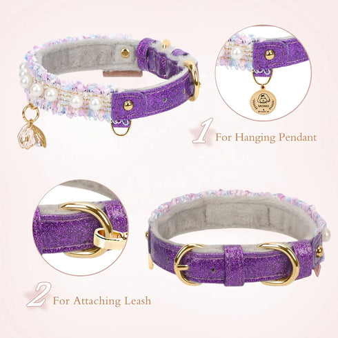 PetsHome Cat Dog Collar, Beautiful Lace Cute Pearl Premium PU Leather with Shell Pendant Adjustable for Small Dog and