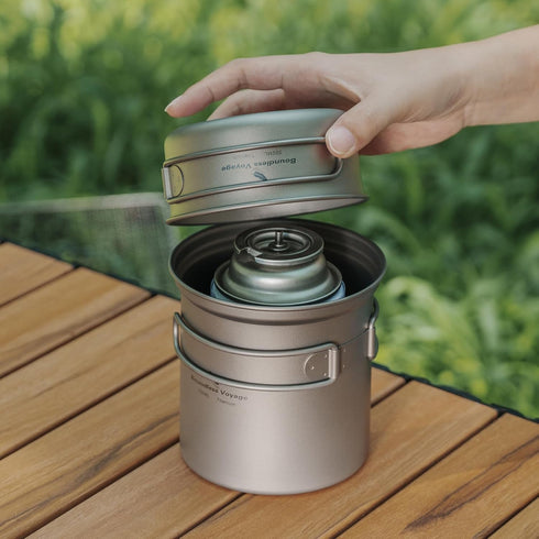 iBasingo 2 Piece-Set Titanium Bowl Pot Set with Folding Handle for Outdoor Cooking