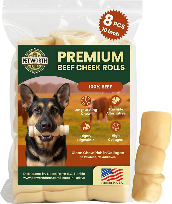 8 Pack 10 Inch Beef Cheek Rolls for Dogs Digestible Rawhide Alternative