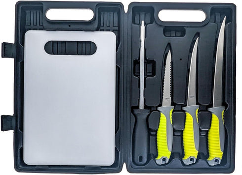 SE 5-Piece Fish Fillet Set, Includes Knife Sharpener and Carrying Case, Ideal for Cleaning, Cutting, Trimming Fish