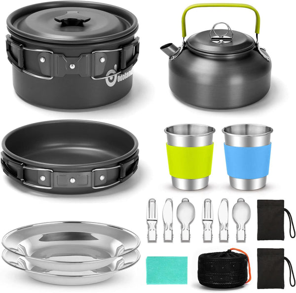 Odoland 15pcs Non-Stick Camping Cookware Mess Kit, Lightweight Pot Pan Kettle Set with Stainless Steel Cups Plates