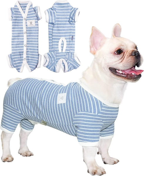 TONY HOBY Stripes 4 Legged Pet Dog Pajamas, Soft Cotton Jumpsuit for Dogs (XL, Blue+White-Boys)