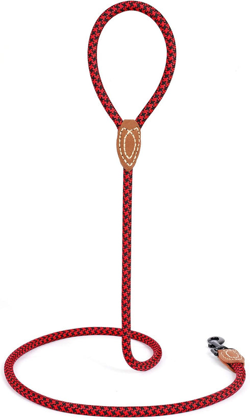 Mile High Life Mountain Climbing Dog Rope Leash, Heavy Duty Metal Clasp, Genuine Leather Connection (Red Black, 72 Inch)