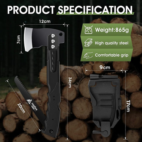Freelander 13" Camping Axe Multifunctional Survival Hatchet with Whistle, Folding Saw, ABS Sheath for Outdoor Hiking