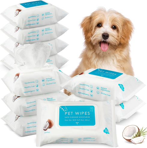 Treela 10 Packs of 800 Dog Wipes, Pet Grooming Supplies for Paws, Butt, Ear, Skin, Eye Cleaning, Coconut