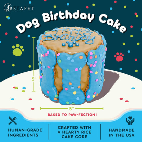 Dog Birthday Cake for Dogs to Eat - Rice Cake Based Dessert Made with Dog Birthday Treats and Human Grade Ingredients - Happy Birthday Dog Cake - Dog Birthday Gift for Puppy (5"x5"x5", Blue)