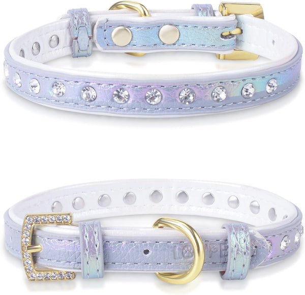 LOVPE Dog Collar Bling Leather - Studded Diamonds Glamorous Rhinestone Gold Buckle Accessory for Small to Medium Dogs,