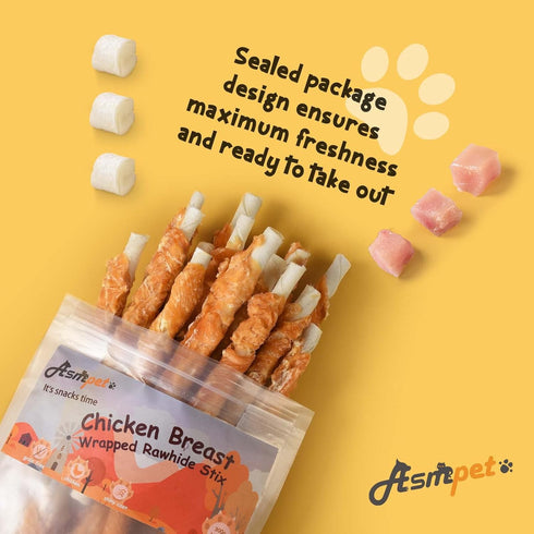(20 10.6 oz) ASMPET Dog Treats Chews, Chicken Wrapped Rawhide Sticks Dog Snacks for Training Rewards pcs