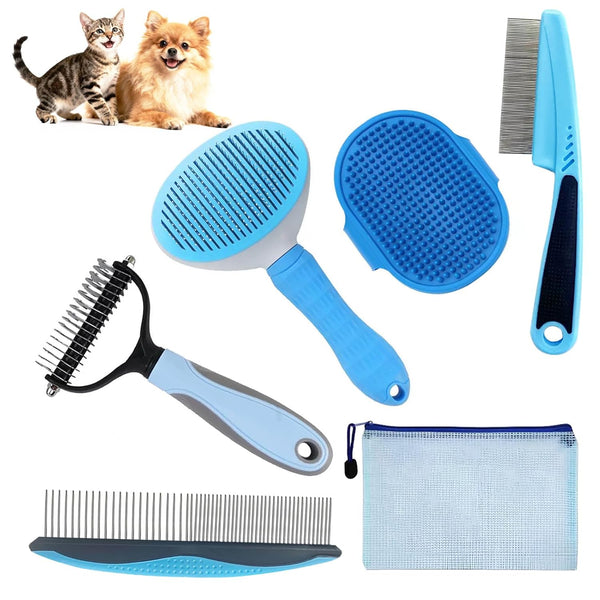 5-in-1 Pet Grooming Kit with Self-Cleaning Slicker Brush for Dogs & Cats,