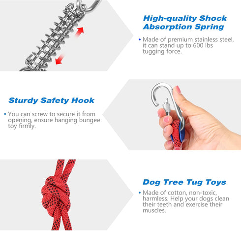 Spring Pole Dog Rope Toy - 16.8 ft Rope & Spring Pole Kit with 2 Chew Rope Toys for Medium Large Dogs